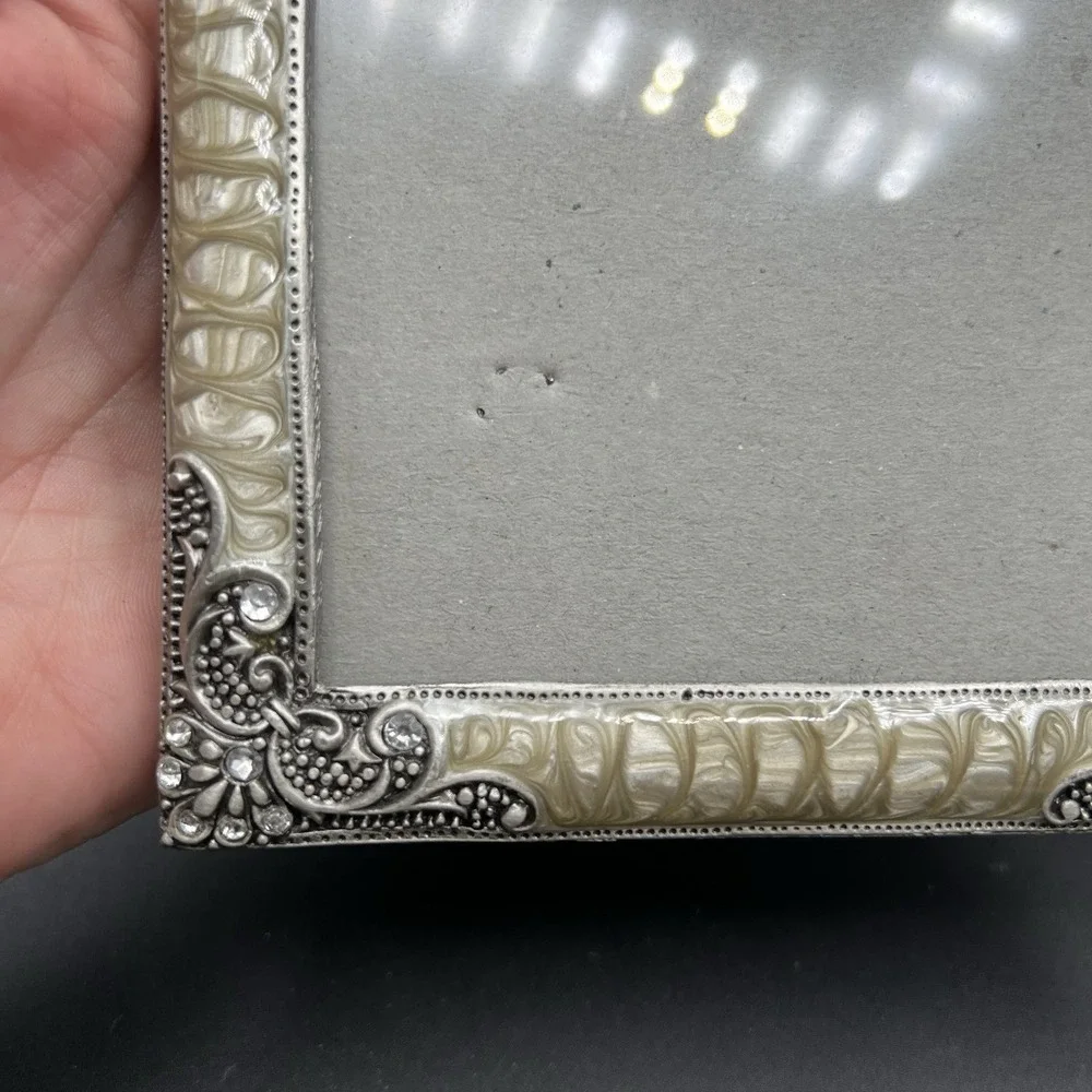 Set Of 3 Enamel Metal & Crystal Picture Frames Neutral Color Cream Beige Silver